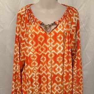 Womens Orange Ikat Peasant Top Michael Kors Boho Hippie Size M